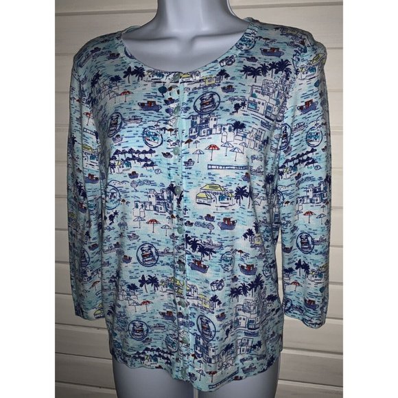 TALBOTS Sz ?? (See Meas) Blue Boating Scene Cotton Button Front Cardigan EUC - Picture 2 of 10